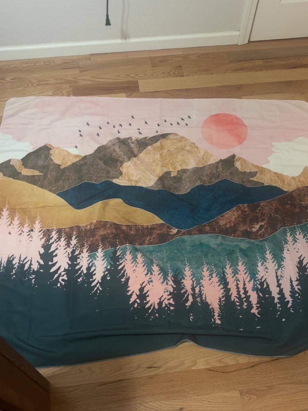 Scenic Mountain Landscape Tapestry Blanket in Pink, Teal, Gold
